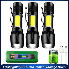 Mini Led Flashlight With Storage Box Portable Rechargeable Zoom Flashlight Waterproof Torch Lamp Lantern Camping Lights Outdoor (Ships From: China, Emitting Color: 3pcs)