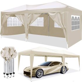 10'x20' EZ Pop Up Canopy Outdoor Portable Party Folding Tent with 6 Removable Sidewalls + Carry Bag + 4pcs Weight Bag (Color: Beige)